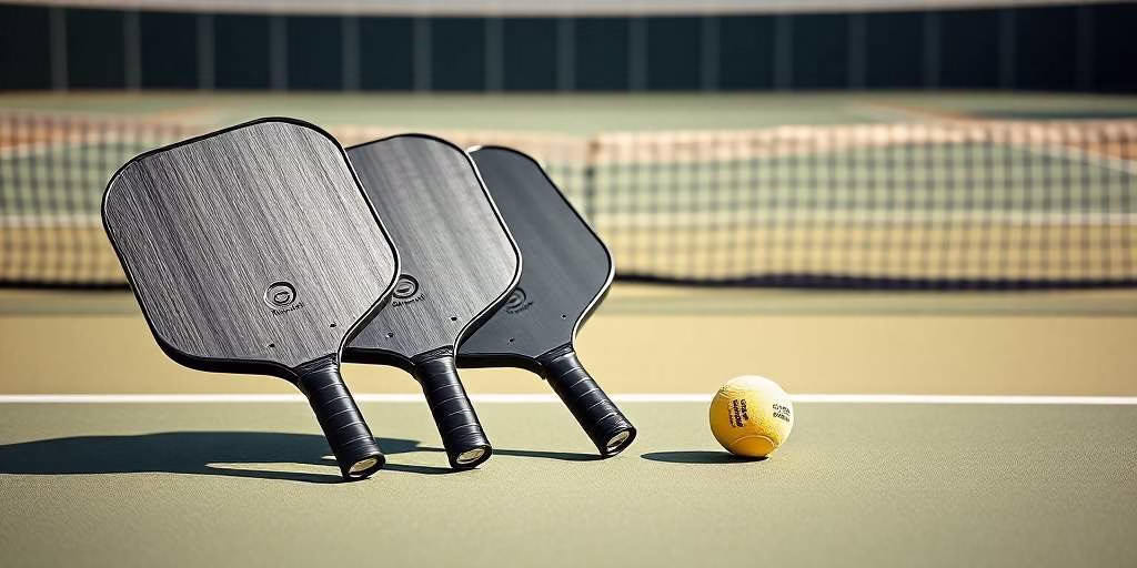 Palas de pickleball con una red de fondo